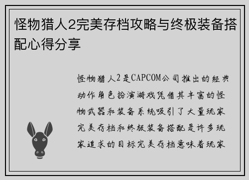 怪物猎人2完美存档攻略与终极装备搭配心得分享